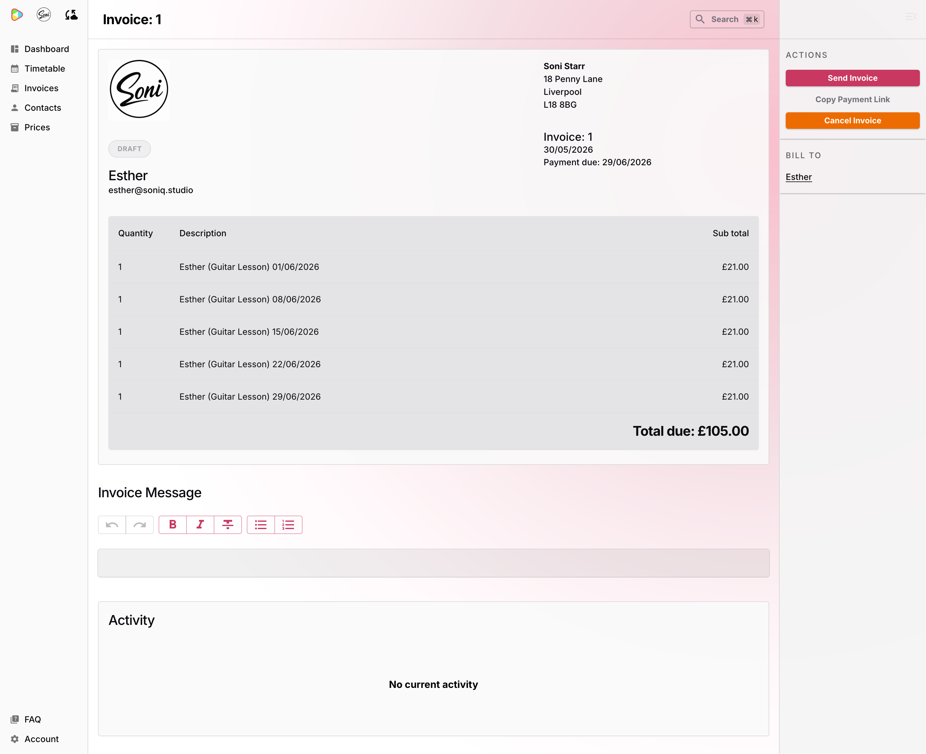 The invoice detail view in draft state with the Send Invoice, Copy Payment Link, and Cancel Invoice actions visible
